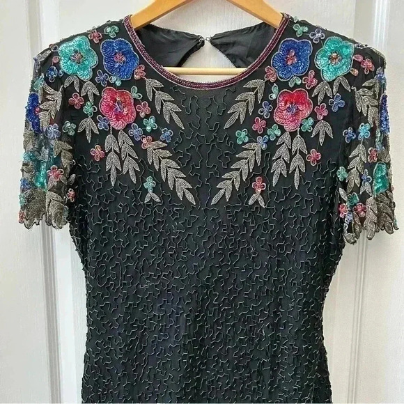 SCALA Sequin Beaded Cocktail Evening Dress Black Multi Colour Open Back Medium - Picture 5 of 15